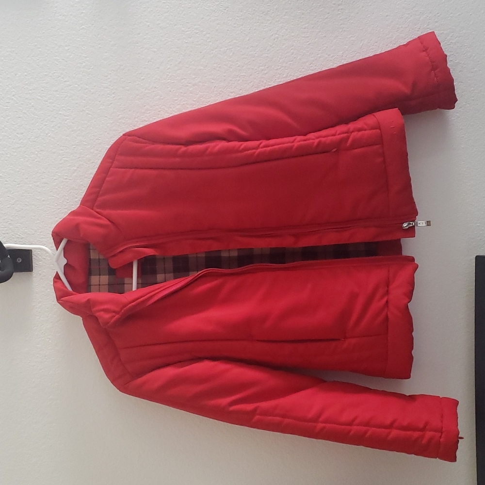 Red puffer jacket